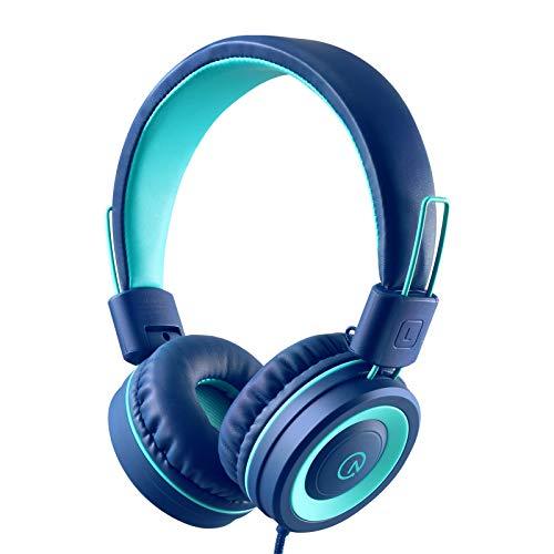 Kids Headphones - noot products K11 Foldable Stereo Tangle-Free 3.5mm Jack Wired Cord On-Ear Headset for Children/Teens/Boys/Girls/Smartphones/School/Kindle/Airplane Travel/Plane/Tablet (Navy/Teal) - GEAR4EVER