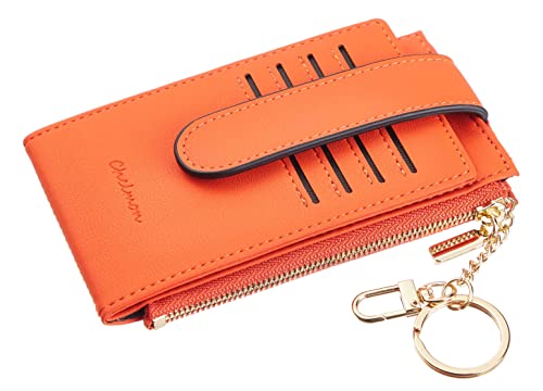 Chelmon Womens Walllet Slim RFID Blocking Bifold Multi Card Case Wallet with Zipper Pocket (Orange With Key Chain)