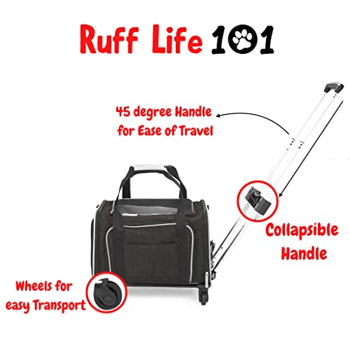 RUFF LIFE 101 Airline Approved Expandable Premium Pet Carrier on Wheels- Two Sided Rolling Carrier- Designed for Dogs & Cats- Extra Spacious Soft Lined Carrier! (Black) (RL-PET-CARRIER-WHEELS)