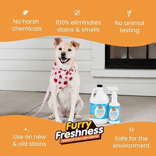 FurryFreshness Extra Strength Cat or Dog Pee Stain & Permanent Odor Remover + Smell Eliminator -Removes Stains from Pets & Kids Including Urine or Blood- Lifts Old Carpet Stains- 32oz Spray