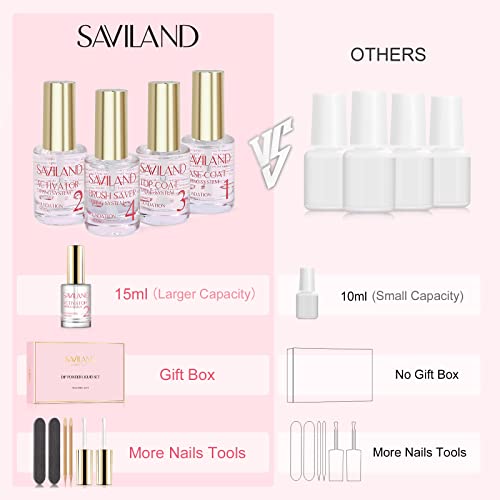 Saviland Dip Powder Liquid Set 15ml/0.5oz,10 Pcs Base/Top Coat, Activator Brush Saver Acrylic Gel Dip Nail File Strengthen Nail Powder Nail Set No Nail Lamp Needed Gift Set for Daughters Salon-Quality