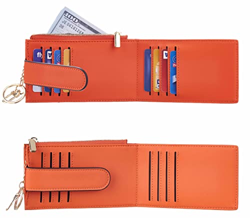 Chelmon Womens Walllet Slim RFID Blocking Bifold Multi Card Case Wallet with Zipper Pocket (Orange With Key Chain)