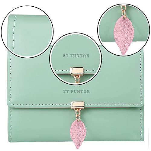 FT FUNTOR RFID Wallets for Women, Leaf Card Holder Trifold Ladies Wallets Coins Zipper Pocket with ID Window Green