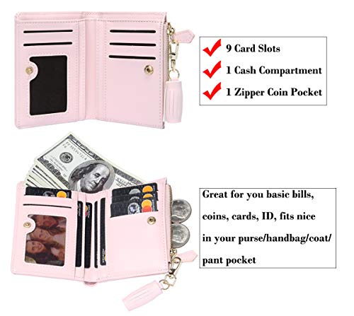 GEEAD Small Wallets for Women Bifold Slim Coin Purse Zipper ID Card Holder PU Leather Pink