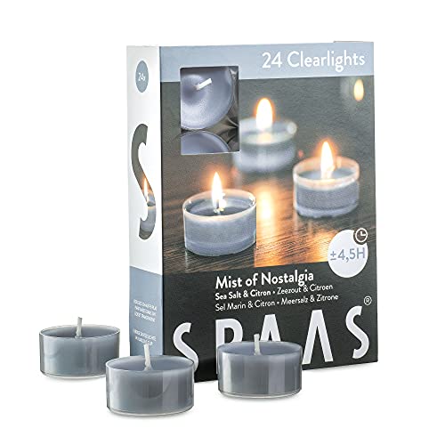 SPAAS Scented Tea Lights Candles in Clear Cups - Sea Salt & Citrus Fragrance | Premium Long Burning Scented Tealight Candles for Spa, Romantic Décor, Meditation, Dinner, and Home Décor | Pack of 24