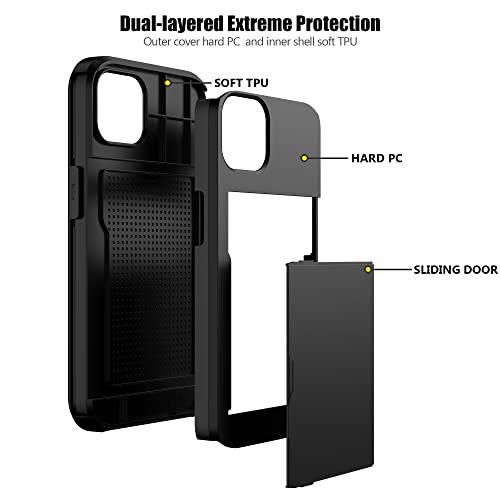 Nvollnoe for iPhone 13 Case with Card Holder Heavy Duty Protective Dual Layer Shockproof Hidden Card Slot Slim Wallet Case for iPhone 13 for Women&Men(Black) - GEAR4EVER