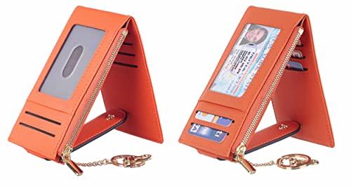 Chelmon Womens Walllet Slim RFID Blocking Bifold Multi Card Case Wallet with Zipper Pocket (Orange With Key Chain)