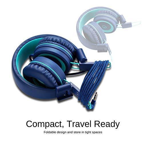 Kids Headphones - noot products K11 Foldable Stereo Tangle-Free 3.5mm Jack Wired Cord On-Ear Headset for Children/Teens/Boys/Girls/Smartphones/School/Kindle/Airplane Travel/Plane/Tablet (Navy/Teal) - GEAR4EVER