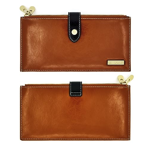 ANDOILT Womens Genuine Leather Wallet RFID Blocking Credit Card Holder Zipper Purse Cell Phone Handbag Brown