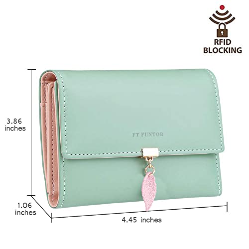 FT FUNTOR RFID Wallets for Women, Leaf Card Holder Trifold Ladies Wallets Coins Zipper Pocket with ID Window Green