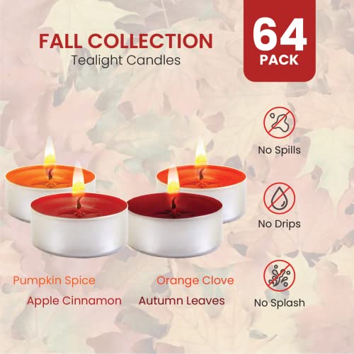 Fall Candles Scented Tea Lights Candles Gift Set - 64 pcs -Fall Tealight Candles with 4 Autumn Fragrances -Pumpkin Spice with Nutmeg, Apple Cinnamon, Orange Clove and Autumn Leaves-Votive Candles Bulk