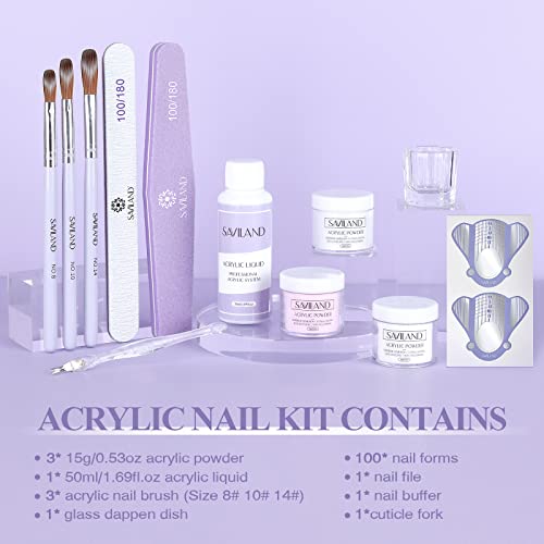 Saviland Acrylic Nail Kit: All-in-One Beginner Nail Kit 15g Clear/White/Pink Acrylic Powder and Liquid Set with Acrylic Nail Brush Nail Forms Glass Dappen Dish, Easy to Use Nails Kit Acrylic Set