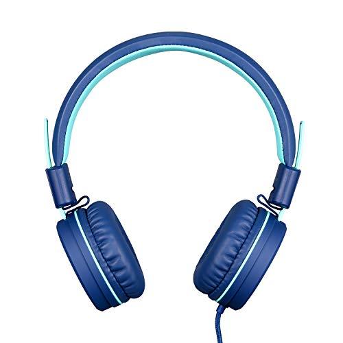 Kids Headphones - noot products K11 Foldable Stereo Tangle-Free 3.5mm Jack Wired Cord On-Ear Headset for Children/Teens/Boys/Girls/Smartphones/School/Kindle/Airplane Travel/Plane/Tablet (Navy/Teal) - GEAR4EVER