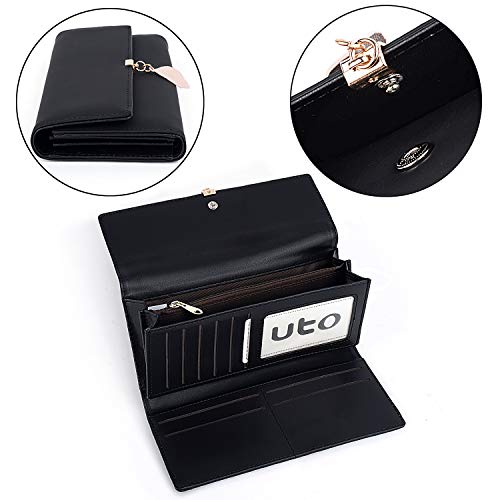 UTO Wallet for Women PU Leather Leaf Pendant Card Holder Phone Checkbook Organizer Zipper Coin Purse Black