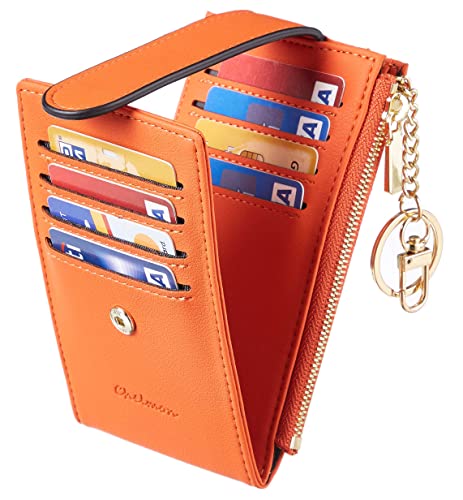 Chelmon Womens Walllet Slim RFID Blocking Bifold Multi Card Case Wallet with Zipper Pocket (Orange With Key Chain)