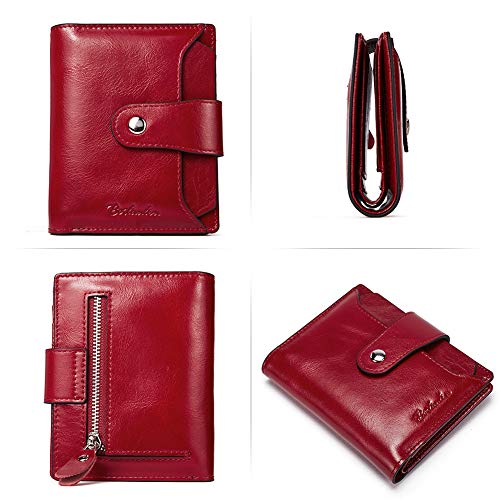 BOSTANTEN Women Leather Wallet RFID Blocking Small Bifold Zipper Pocket Wallet Card Case Purse with ID Window Red