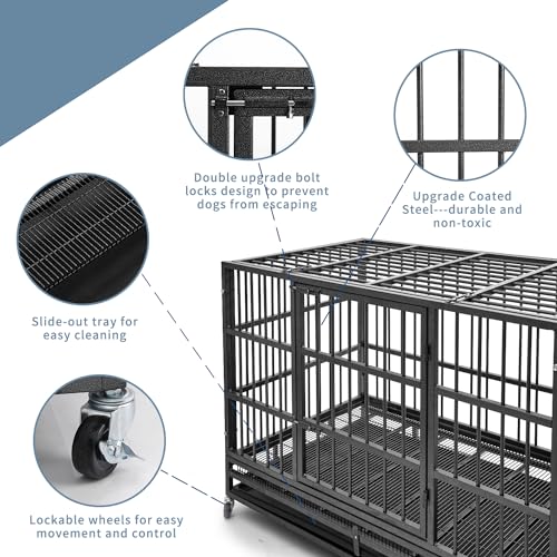 48 inch Heavy Duty Indestructible Dog Crate Steel Escape Proof, Indoor Double Door High Anxiety Cage, Kennel with Wheels, Removable Tray, Extra Large XL XXL