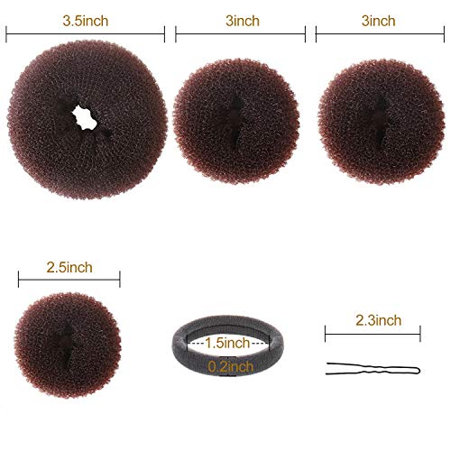 YaFex Hair Donut Bun Maker Kit, 4 Pieces (1 Large, 2 Medium and 1 Small), 6 Pieces Elastic Hair Ties, 20 Pieces Hair Bobby Pins, Brown