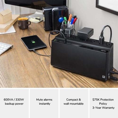 APC UPS Battery Backup and Surge Protector, 600VA Backup Battery Power Supply, BE600M1 Back-UPS with USB Charger Port