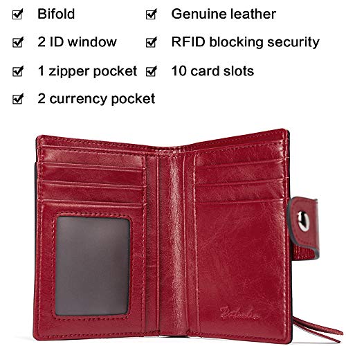 BOSTANTEN Women Leather Wallet RFID Blocking Small Bifold Zipper Pocket Wallet Card Case Purse with ID Window Red