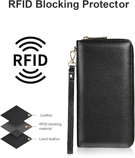 Chelmon Womens Wallet Leather RFID Blocking Purse Credit Card Clutch(01 Genuine leather black)