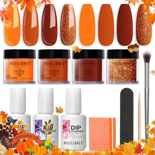 Modelones Dip Powder Nail Kit Starter, 4 Colors Fall Colors Orange Brown Glitter Dipping Powder Liquid Set with Base Top Coat Activator Nail Art Beginner DIY Salon All-in-One Thanksgiving Gift