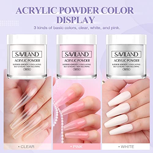 Saviland Acrylic Nail Kit: All-in-One Beginner Nail Kit 15g Clear/White/Pink Acrylic Powder and Liquid Set with Acrylic Nail Brush Nail Forms Glass Dappen Dish, Easy to Use Nails Kit Acrylic Set