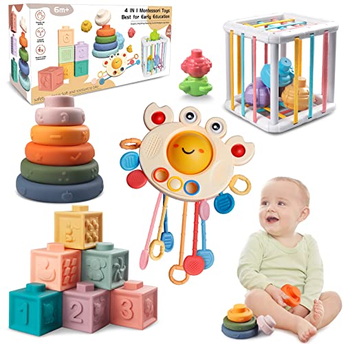 Montessori Baby Toys for Ages 6-18 Months - Pull String Teether, Stacking Blocks, Sensory Shapes & Colorful Storage Bin, Infant Bath Time Fun, 4 in 1 Toddlers Toy Gifts for 1 2 3 Year Old Boys Girls