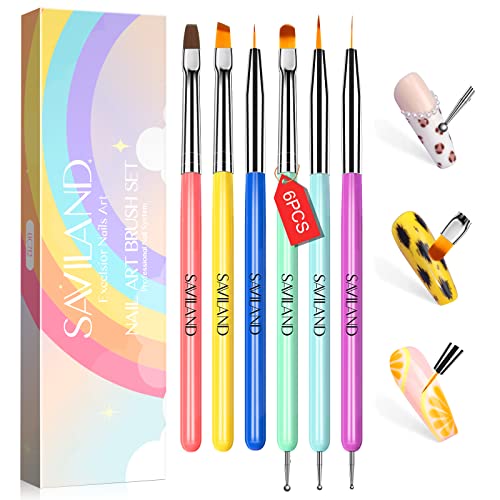 Saviland 6PCS Nail Art Brushes Set – Multifunctional Nail Brushes for Nail Art Nail Design Brush Gel Nail Brush for Nail Extension Nail Art Liner Brush 3 Sizes Dotting Tools for DIY, Christmas Gifts