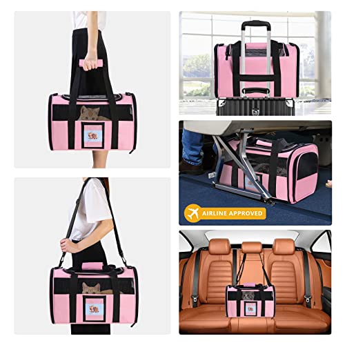 SECLATO Cat Carrier, Dog Pet Carrier Airline Approved for Cat, Small Dogs, Kitten, Carriers Medium Cats Under 15lb, Collapsible Soft Sided TSA Travel Carrier-Pink