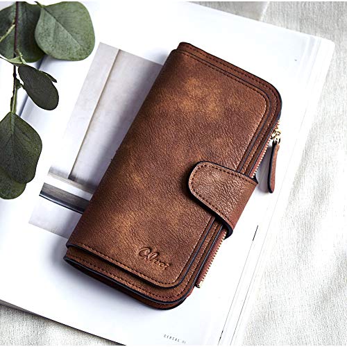 CLUCI Women Wallet Leather RFID Blocking Designer Trifold Card Holder Ladies Clutch with ID Window Brown