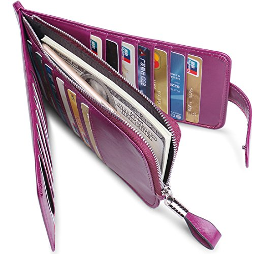 Huztencor Wallet for Women RFID Blocking Leather Credit Card Holder Card Wallet Card Cases Slim Multi Card Organizer Protector Long Wallet Purse Clutch with ID Window Oil Wax Leather Purple