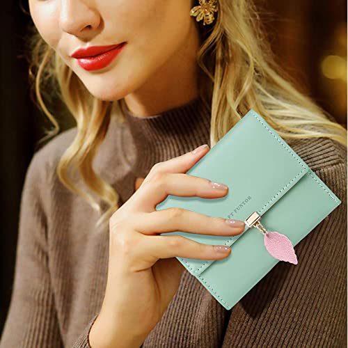 FT FUNTOR RFID Wallets for Women, Leaf Card Holder Trifold Ladies Wallets Coins Zipper Pocket with ID Window Green