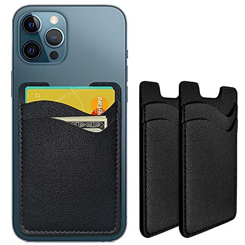 Phone Card Holder, Leather Phone Wallet Stick On, Card Holder for Back of Phone Credit Card Holder for Phone Case Compatible with Most of Cell Phone (iPhone, Samsung) - 2Pack Black - GEAR4EVER