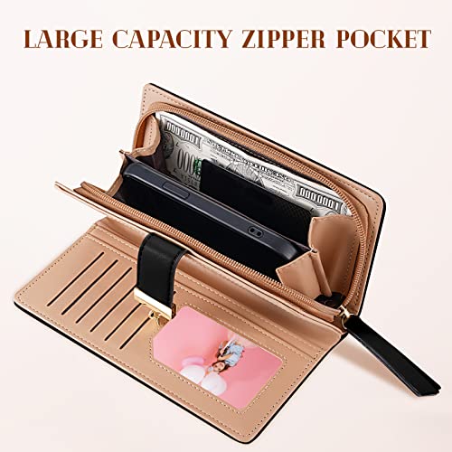 Sweet Cute Chocolate Women's Long Leaf Bifold Wallet Leather Card Holder Purse Zipper Buckle Elegant Clutch Wallet Handbag for Women - Black