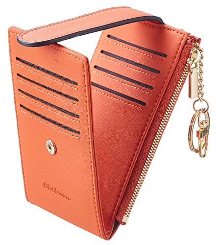 Chelmon Womens Walllet Slim RFID Blocking Bifold Multi Card Case Wallet with Zipper Pocket (Orange With Key Chain)