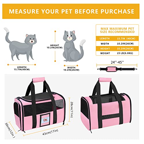 SECLATO Cat Carrier, Dog Pet Carrier Airline Approved for Cat, Small Dogs, Kitten, Carriers Medium Cats Under 15lb, Collapsible Soft Sided TSA Travel Carrier-Pink