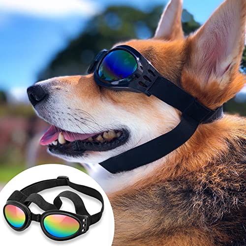 QUMY Dog Sunglasses Dog Goggles for Medium Large Breed Dogs, Wind Dust Fog Protection Eye Wear Pet Glasses with Adjustable Strap for Motorcycle Car Driving Bike Riding Hiking Swimming Over 15lbs Black