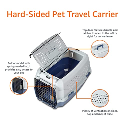 Amazon Basics - 2-Door Top-Load Hard-Sided Dogs, Cats Pet Travel Carrier, 23-Inch, Gray & Blue