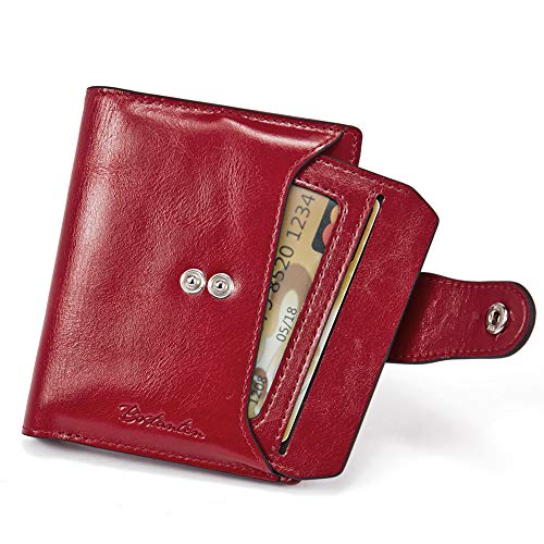 BOSTANTEN Women Leather Wallet RFID Blocking Small Bifold Zipper Pocket Wallet Card Case Purse with ID Window Red