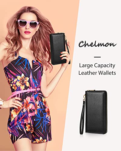 Chelmon Womens Wallet Leather RFID Blocking Purse Credit Card Clutch(01 Genuine leather black)