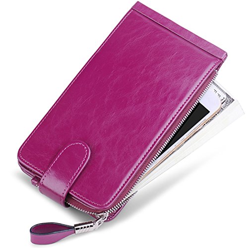 Huztencor Wallet for Women RFID Blocking Leather Credit Card Holder Card Wallet Card Cases Slim Multi Card Organizer Protector Long Wallet Purse Clutch with ID Window Oil Wax Leather Purple