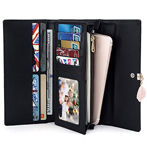 UTO Wallet for Women PU Leather Leaf Pendant Card Holder Phone Checkbook Organizer Zipper Coin Purse Black