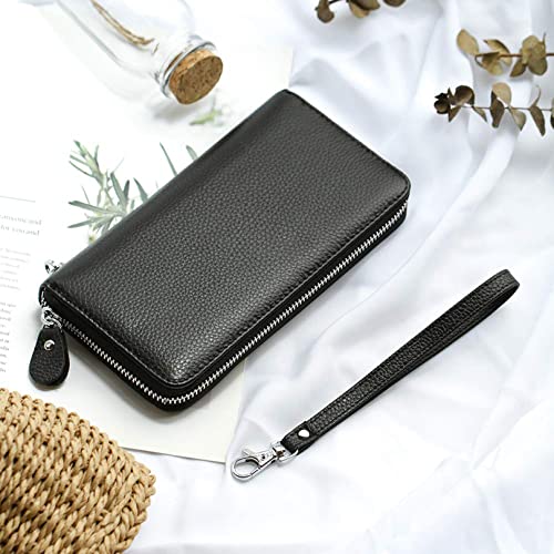 Moflycom Womens Wallet RFID Blocking Genuine Leather Zip Around Wallet Clutch Wristlet Travel Long Purse for Women Black