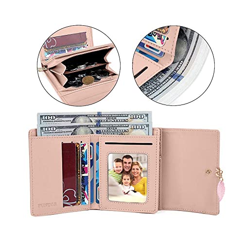 FT FUNTOR RFID Wallets for Women, Leaf Card Holder Trifold Ladies Wallets Coins Zipper Pocket with ID Window Green