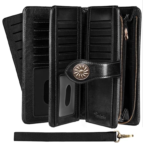 Travelambo Womens Wallet Large Capacity RFID Blocking Genuine Leather Wristlet Wallets(Black)