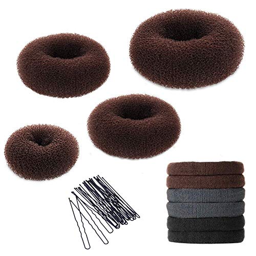 YaFex Hair Donut Bun Maker Kit, 4 Pieces (1 Large, 2 Medium and 1 Small), 6 Pieces Elastic Hair Ties, 20 Pieces Hair Bobby Pins, Brown