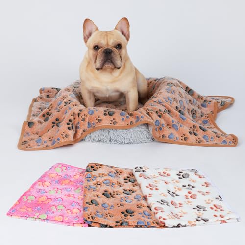 Luciphia 1 Pack 3 Blankets Super Soft Fluffy Premium Fleece Pet Blanket Flannel Throw for Dog Puppy Cat Paw Brown/Pink/White Small(23x16 inch)