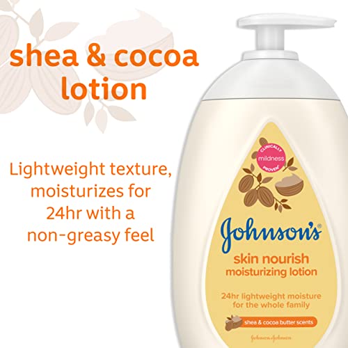 Johnson's Baby Skin Nourish Moisturizing Baby Lotion for Dry Skin with Shea & Cocoa Butter Scents, Gentle & Lightweight Body Lotion for The Whole Family, Hypoallergenic, Dye-Free, 16.9 fl. oz