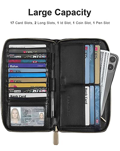 Chelmon Womens Wallet Leather RFID Blocking Purse Credit Card Clutch(01 Genuine leather black)